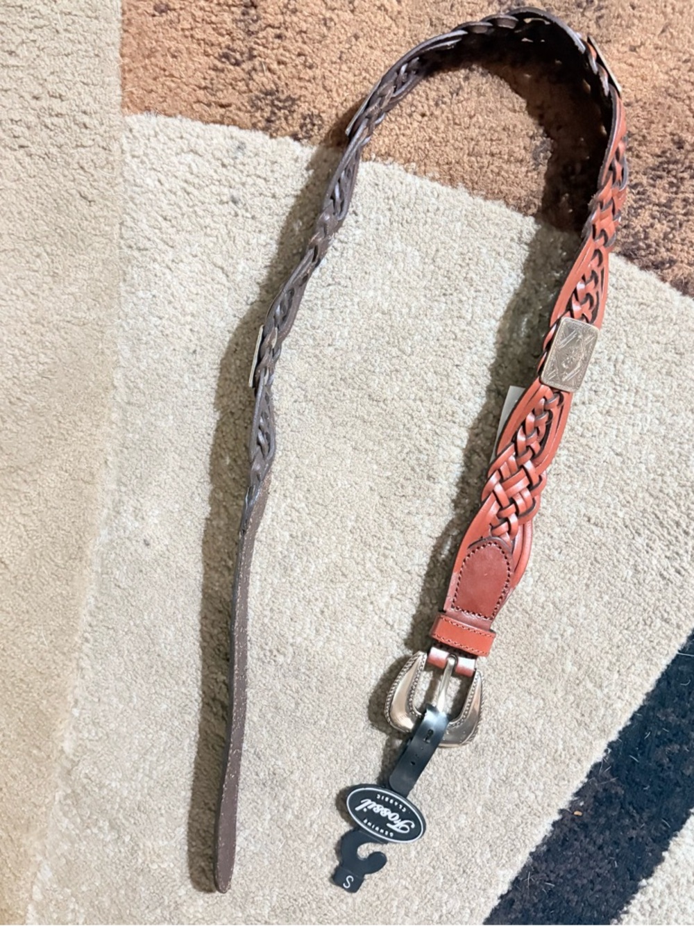 NWT Fossil Braided Leather Belt with Silver-Tone Buckle in Brown and Tan S
